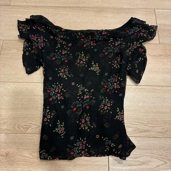 See by Chloe Women’s Silk Belted Black Floral Ruffle Boatneck Top Size 10 - Picture 7 of 7